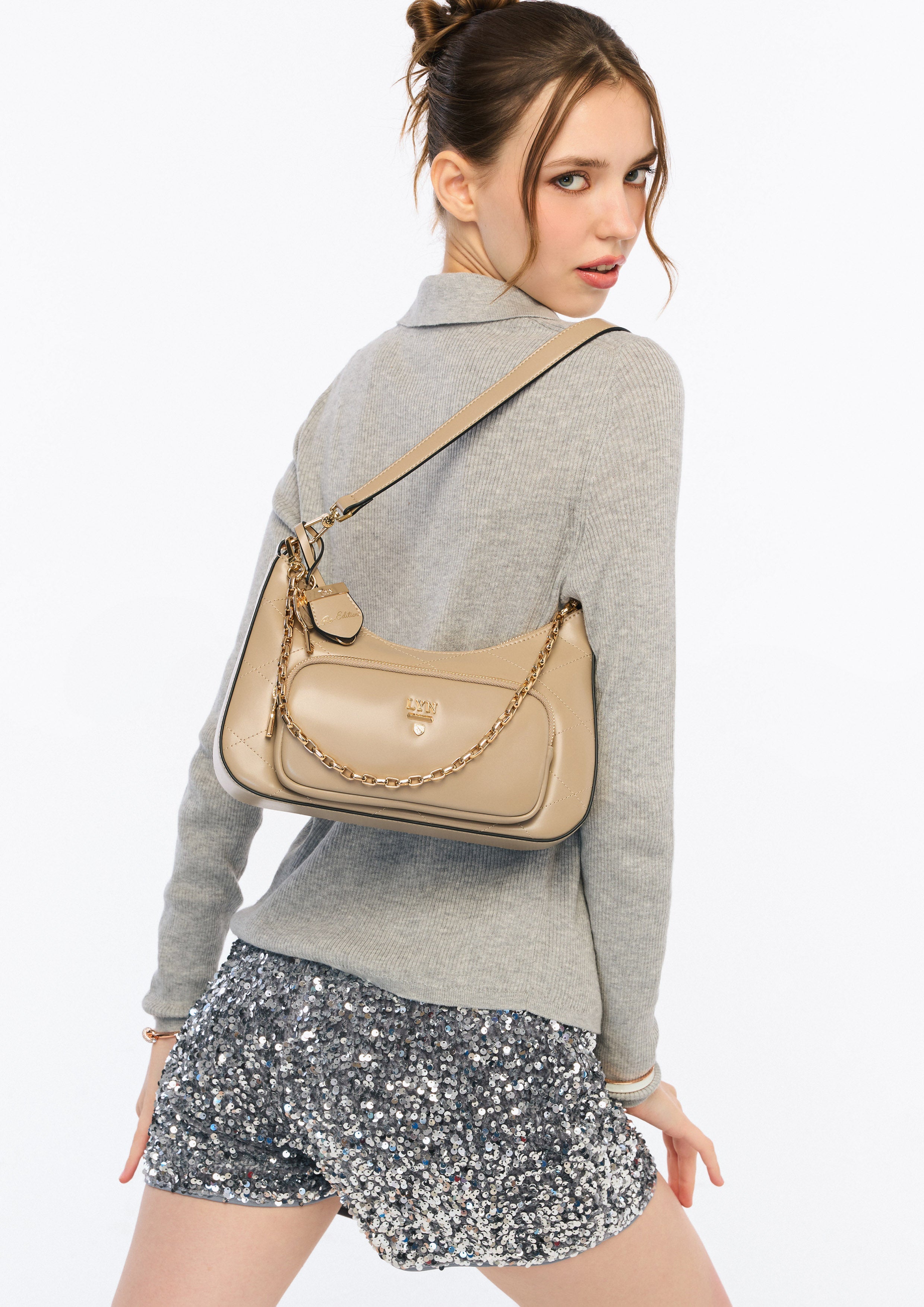 Re-Edit Rosee Quilt M Shoulder Bag - Taupe