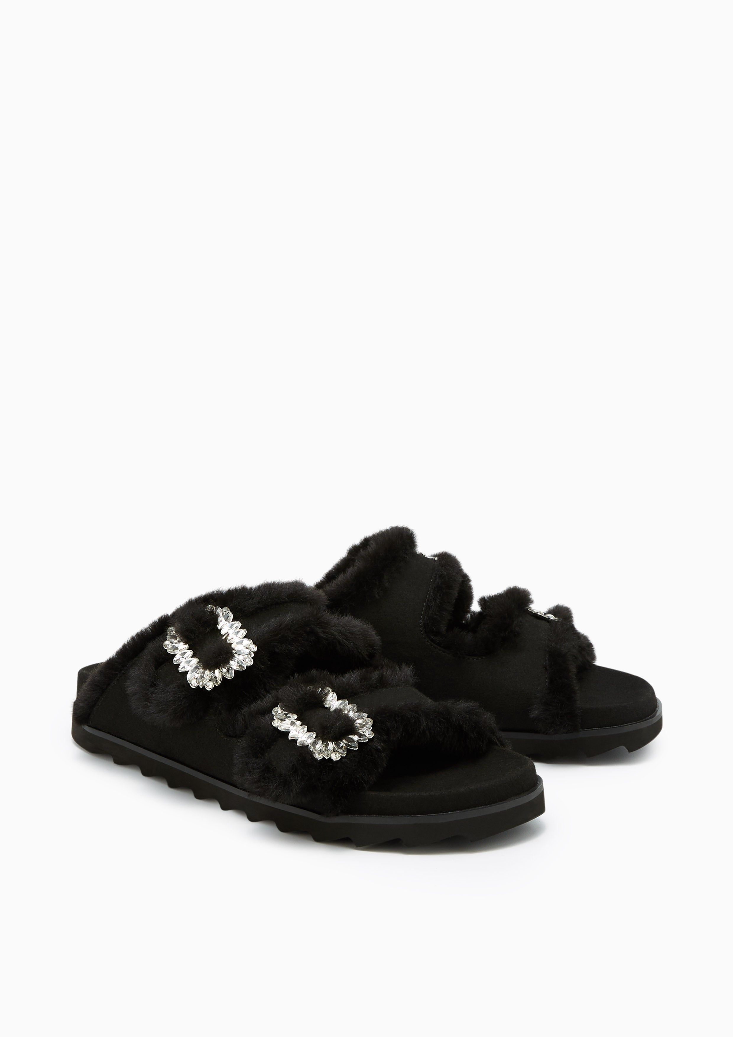 Veeni Furry Flats And Sandals - Black