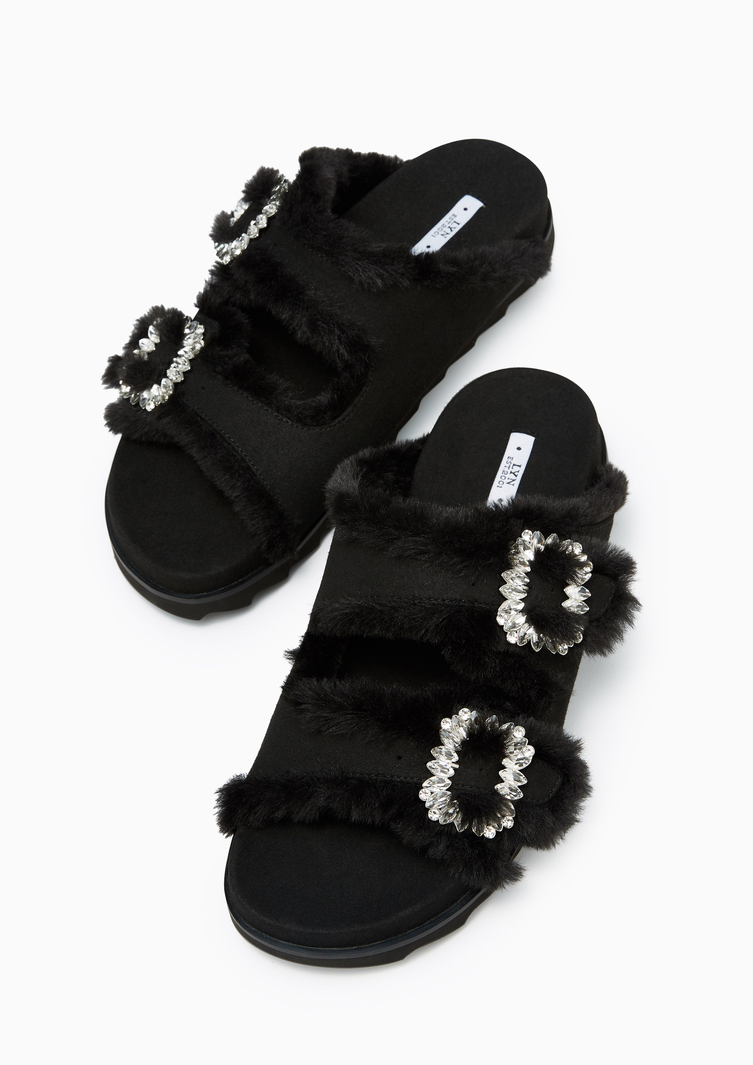 Veeni Furry Flats And Sandals - Black